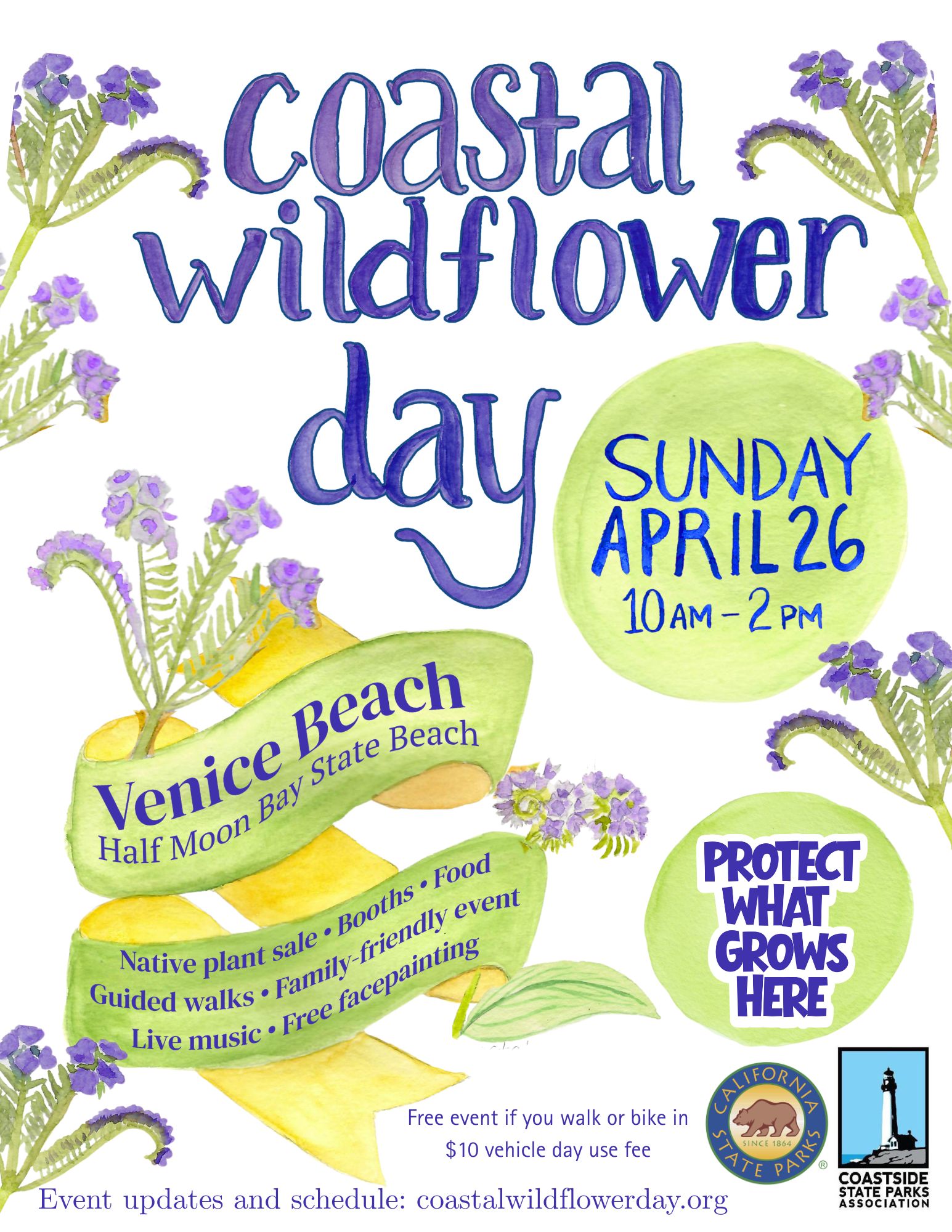 Coastal Wildflower Day is on Sunday April 26 from 10 am to 2 pm at Venice Beach, Half Moon Bay State Beach. There will be a native plant sale, booths, food, guided walks, live music and free facepainting at this family-friendly event. Free event if you walk or bike in. $10 vehicle day use fee. Event Updates and schedule can be found at www.coastalwildflowerday.org. Event co-sponsored by California State Parks and Coastside State Parks Association. 